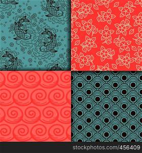 Japanese turqiouse and pink pattern set. Vector illustration. Japanese turqiouse and pink pattern set