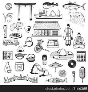 Japanese vector icons with culture, travel and food symbols of Japan. Pagoda, fish and lantern sketches, sake, sushi and umbrella, tea ceremony, torii gate and rice, bridge, wave, carp and samurai. Japanese sushi, lantern, sake and pagoda icons