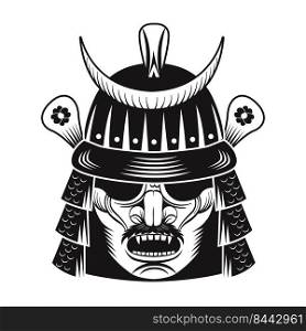 Japanese warrior black mask flat image. Japan samurai. Vintage vector illustration. Military art and design elements concept