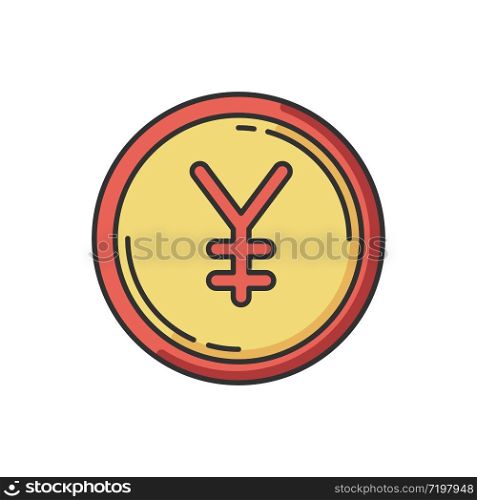 Japanese yen gold RGB color icon. Japan currency. Exchange rate for chinese yuan. Income and profit. Coin for payment. Banking and economy. Commerce market. Isolated vector illustration