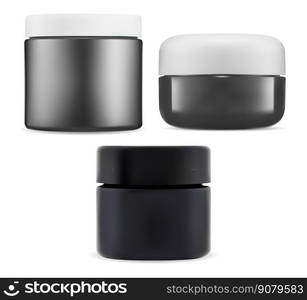 Jar for cosmetic cream. Plastic bottle vector mockup for beauty product. Face or body skin moisturizer package template. Charcoal scrub, wax or powder packaging with screw lid. Jar for cosmetic cream. Plastic bottle vector mockup