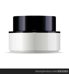 Jar for cosmetics or medicine: cream, salt, ointment, powder, with white base and black lid. Cosmetics package mockup. HQ vector illustration.. Jar for cosmetics medicine: cream, salt, ointment