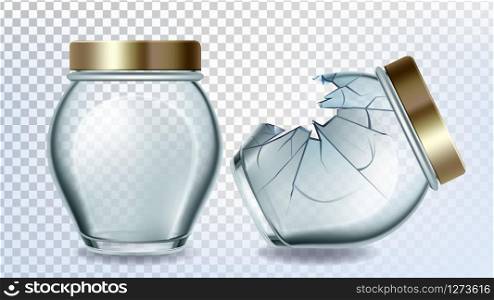 Jar Glass And Broken Bottle With Golden Cap Vector. Empty Glass Bottle For Storaging Plum, Apricot, Cherry Or Strawberry. Glassware For Pickled Fruit Template Realistic 3d Illustration. Jar Glass And Broken Bottle With Golden Cap Vector