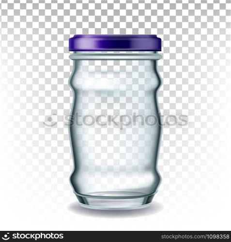 Jar Glass With Blue Cap For Storage Coffee Vector. Closed Empty Glass Package With Metal Lid For Tea Granules Transparency Background. Kitchen Glassware Concept Mockup Realistic 3d Illustration. Jar Glass With Blue Cap For Storage Coffee Vector