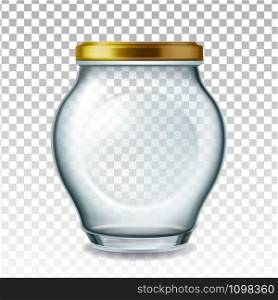 Jar Glass With Golden Cap For Pickled Fruit Vector. Empty Glass Bottle For Storaging Plum, Apricot, Cherry Or Strawberry Transparency Background. Glassware Layout Realistic 3d Illustration. Jar Glass With Golden Cap For Pickled Fruit Vector
