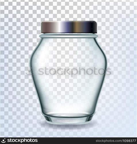 Jar Glass With Golden Cap For Pickled Fruit Vector. Empty Glass Bottle For Storaging Plum, Apricot, Cherry Or Strawberry Transparency Background. Glassware Layout Realistic 3d Illustration. Jar Glass With Golden Cap For Pickled Fruit Vector