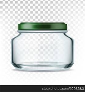 Jar Glass With Green Cap For Storage Sauce Vector. Empty Glass Bottle For Spicy Salsa, Guacamole, Ketchup, Mayonnaise Or Chili Transparency Background. Glassware Layout Realistic 3d Illustration. Jar Glass With Green Cap For Storage Sauce Vector