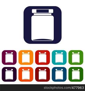 Jar icons set vector illustration in flat style in colors red, blue, green, and other. Jar icons set