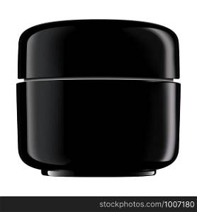 Jar mockup. Round black glossy plastic container for cosmetic products : powder, cream, lotion, scrub, butter, product, liquid. 3d vector isolated blank.. Jar mockup. Round black glossy plastic container