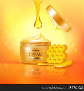 Jar Of Cream With Honey Composition. Jar of organic cream with honey 3d composition with reflection on textured glowing yellow background vector illustration