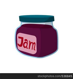 Jar of fruity jam icon in cartoon style on a white background. Jar of fruity jam icon, cartoon style