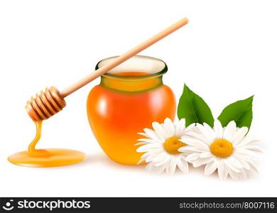 Jar of honey and a dipstick with flower. Vector.