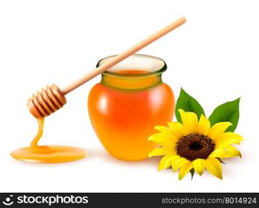 Jar of honey and a dipstick with yellow flower. Vector illustration.