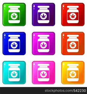 Jar of powder marijuana icons of 9 color set isolated vector illustration. Jar of powder marijuana set 9
