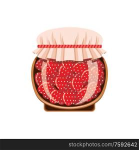 Jar of strawberry jam on a white background. Vector illustration
