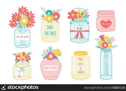 Jar with flower. Hand drawn wedding mason vase with cute blossom. Romantic floral decorative elements set for marriage greeting card or invitation. Vector isolated glass pot for summer blooming plants. Jar with flower. Hand drawn wedding mason vase with blossom. Romantic floral decorative elements set for marriage greeting card or invitation. Vector glass pot for summer blooming plants