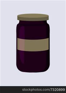 Jar with jam, closeup poster, bottle made of glass, container with preserved plums of purple color, vector illustration isolated on white background. Jar with Jam Closeup Poster Vector Illustration