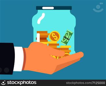 Jar with money in hand. Saving money flat vector concept. Illustration of money in glass jar. Jar with money in hand. Saving money flat vector concept