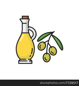 Jar with olive oil and branch of ripe berries isolated flat line icon. Vector portuguese oils on twig with leaves, natural cosmetics and glass bottle of extra virgin oil food dressing, healthy plant. Olive branch, jar jug of extra virgin oil isolated