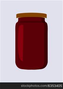 Jar with strawberry or raspberry jam, poster with container made of glass, closeup of item at supermarket, vector illustration, isolated on white. Jar with Strawberry Jam Poster Vector Illustration