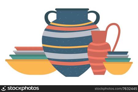Jars and pots made of clay, handmade products, cookery items, traditional bowls and vases, amphora decorated with stripes ceramic bottles urns. Vector illustration in flat cartoon style. Containers for Kitchen, Plates and Vases, Jars