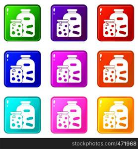 Jars with pickled vegetables and jam icons of 9 color set isolated vector illustration. Jars with pickled vegetables and jam icons 9 set