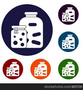 Jars with pickled vegetables and jam icons set in flat circle reb, blue and green color for web. Jars with pickled vegetables and jam icons set