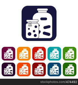 Jars with pickled vegetables and jam icons set vector illustration in flat style In colors red, blue, green and other. Jars with pickled vegetables and jam icons set