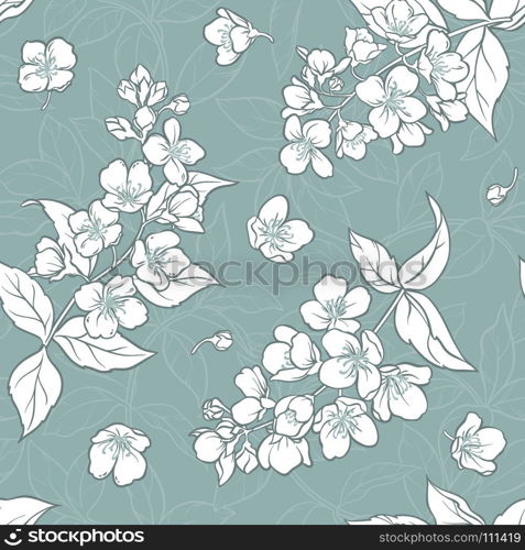 jasmine seamless pattern. jasmine flowers color vector seamless pattern on blue background