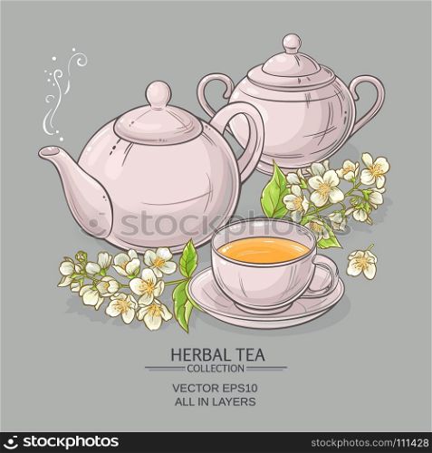 jasmine tea vector illustration. Illustration with cup of tea, teapot, sugar bowl and jasmine flowers