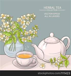 jasmine tea vector illustration. Illustration with cup of tea with teapot and jasmine flowers