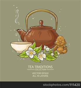jasmine tea vector illustration. Illustration with tea bowl, teapot, statuette and jasmine flowers