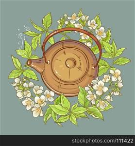 jasmine tea vector illustration. Illustration with teapot and jasmine flowers on color background