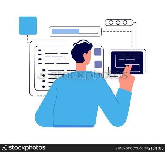 Java technology coder, programmer boy. Man geek, boy work with abstract charts and task vector concept. Illustration coder programming, development coding. Java technology coder, programmer boy. Man geek, boy work with abstract charts and task vector concept
