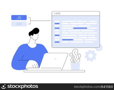 Javascript abstract concept vector illustration. Developer programming using JavaScript language, coding process, IT company worker, development, client-side development abstract metaphor.. Javascript abstract concept vector illustration.