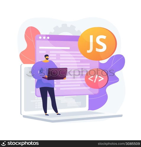 JavaScript abstract concept vector illustration. Game engine, JS development, web programming, JavaScript language, website project, mobile application, dynamic coding process abstract metaphor.. JavaScript abstract concept vector illustration.