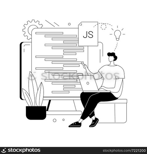 JavaScript abstract concept vector illustration. Game engine, JS development, web programming, JavaScript language, website project, mobile application, dynamic coding process abstract metaphor.. JavaScript abstract concept vector illustration.