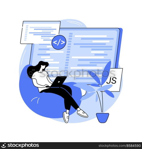 Javascript isolated cartoon vector illustrations. IT company front end developer programming with JavaScript, holding laptop, client-side development, coding process vector cartoon.. Javascript isolated cartoon vector illustrations.