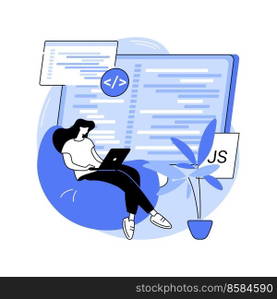 Javascript isolated cartoon vector illustrations. IT company front end developer programming with JavaScript, holding laptop, client-side development, coding process vector cartoon.. Javascript isolated cartoon vector illustrations.