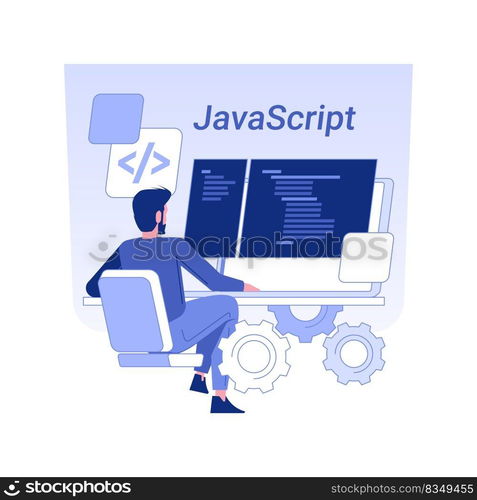 Javascript isolated concept vector illustration. Developer programming using JavaScript language, coding process, IT company worker, development, client-side development vector concept.. Javascript isolated concept vector illustration.