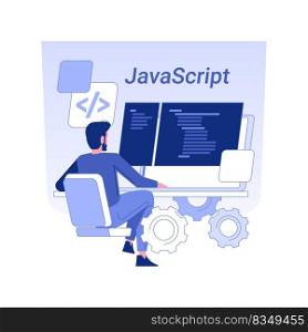 Javascript isolated concept vector illustration. Developer programming using JavaScript language, coding process, IT company worker, development, client-side development vector concept.. Javascript isolated concept vector illustration.