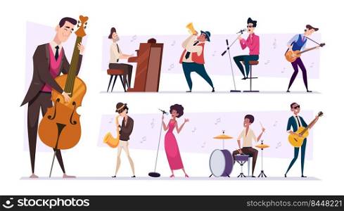 Jazz band. Cartoon musicians characters playing on guitar sax and piano performance persons exact vector set. Illustration of jazz music and musician band. Jazz band. Cartoon musicians characters playing on guitar sax and piano performance persons exact vector set