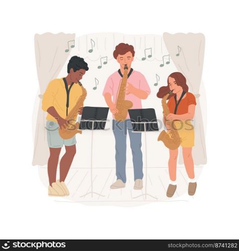 Jazz band isolated cartoon vector illustration. Saxopho≠class forχldren, jazz band playing on sta≥, classroom auditioning, midd≤schoolμsic activity, student club vector cartoon.. Jazz band isolated cartoon vector illustration.