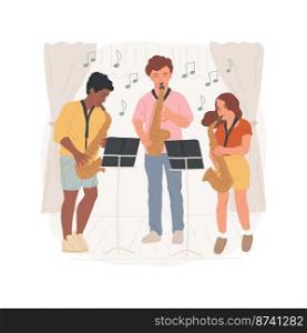 Jazz band isolated cartoon vector illustration. Saxopho≠class forχldren, jazz band playing on sta≥, classroom auditioning, midd≤schoolμsic activity, student club vector cartoon.. Jazz band isolated cartoon vector illustration.