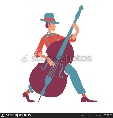 Jazz band musician with double bass flat color vector faceless character. Old fashioned man in hat, orchestra member. Retro performer playing musical instrument isolated cartoon illustration