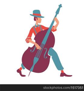 Jazz band musician with double bass flat color vector faceless character. Old fashioned man in hat, orchestra member. Retro performer playing musical instrument isolated cartoon illustration