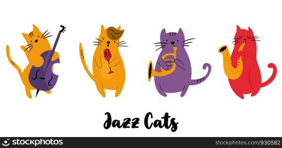 Jazz band of cats playing musical instruments and singing. Vector illustration. Character design. Pet collection. Jazz band of cats playing musical instruments
