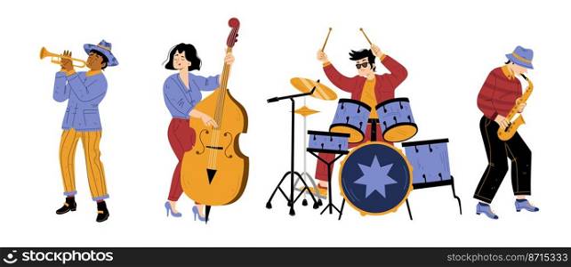 Jazz band vibe, artists performing music on stage. Men and woman playing on instruments drum, saxophone, trumpet and double bass. Musical concert, performance, show, Line art flat vector illustration. Jazz band vibe, artists performing music on stage