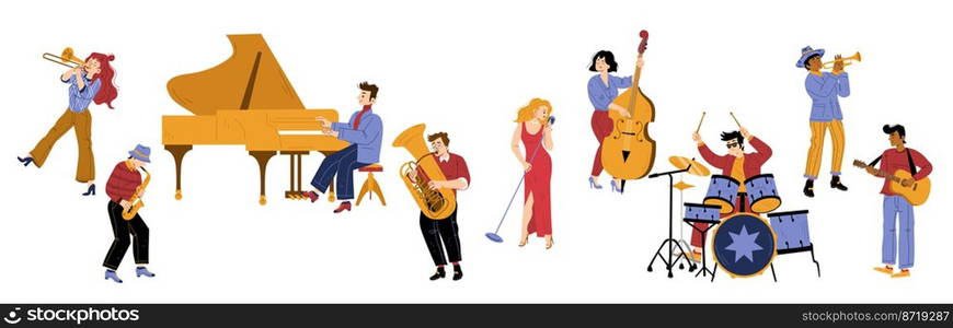 Jazz band vibe, artists performing music on stage. Men and woman playing on instruments drum, saxophone, trumpet and double bass. Musical concert, performance, show, Line art flat vector illustration. Jazz band vibe, artists performing music on stage