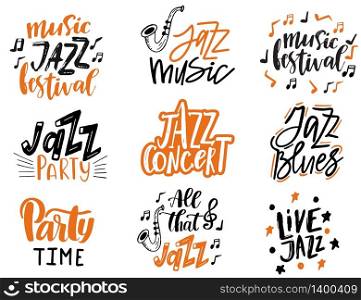 Jazz , blues, music concept set. Music posters, logo, card design. Calligraphy. Lettering. IBlack and orange vector illustration on a white background.. Jazz Music poster. Calligraphy. Lettering. Isolated vector illustration on a white background.